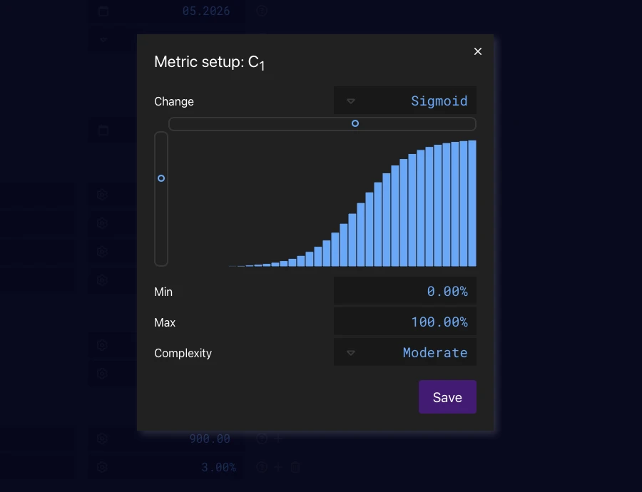 Easily customize metric growth rates with options for linear, exponential, or sigmoid curves. Fine-tune the sigmoidal growth curve for precise control over your model's metric changes.